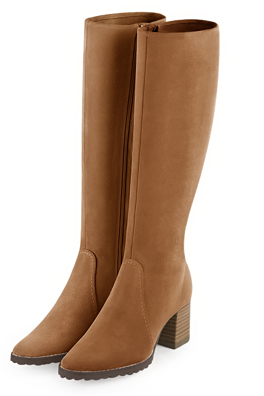 Camel beige women's riding knee-high boots. Round toe. Medium block heels. Made to measure. Front view - Florence KOOIJMAN